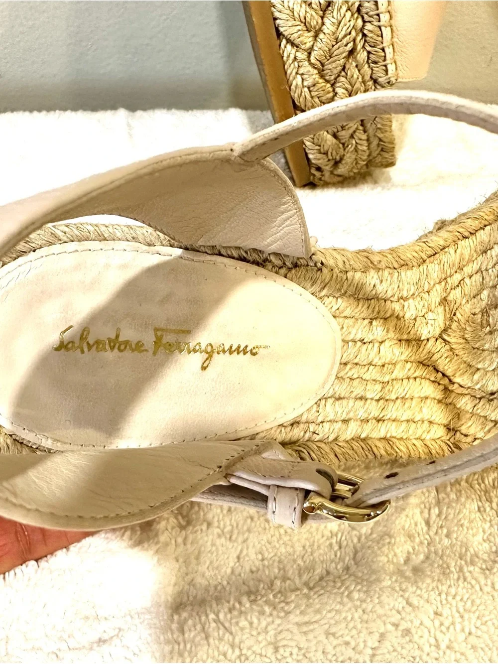 Salvatore Ferragamo Beige Leather Espadrille Wedge Sandals